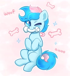 Size: 3192x3465 | Tagged: safe, artist:confetticakez, derpibooru import, oc, oc only, oc:blue chewings, earth pony, pony, behaving like a dog, bone, cute, high res, hooves to the chest, male, one eye closed, outline, sitting, solo, wink