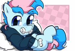 Size: 2200x1500 | Tagged: safe, artist:matterproblem, derpibooru import, oc, oc only, oc:blue chewings, pony, clothes, hoodie, looking at you, lying down, on back, pillow, solo