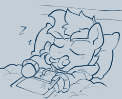 Size: 794x641 | Tagged: safe, artist:matterproblem, derpibooru import, oc, oc only, oc:blue chewings, earth pony, pony, bed, clothes, drawing tablet, hoodie, monochrome, sleeping, solo