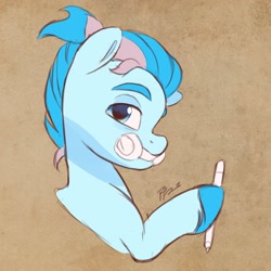 Size: 3126x3126 | Tagged: safe, artist:artharuhi, derpibooru import, oc, oc only, oc:blue chewings, earth pony, pony, alternate hairstyle, bust, high res, hoof hold, profile, solo, stylus, unshorn fetlocks