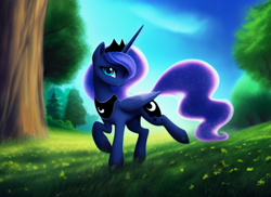 Size: 1408x1024 | Tagged: safe, derpibooru import, editor:siber, generator:purplesmart.ai, generator:stable diffusion, machine learning generated, princess luna, alicorn, pony, ethereal mane, ethereal tail, female, forest, grass, grass field, long tail, looking at you, mare, prancing, smiling, smiling at you, solo, tail
