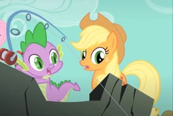 Size: 2282x1533 | Tagged: safe, derpibooru import, screencap, applejack, spike, a dog and pony show, fishing rod, open mouth