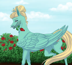 Size: 1280x1151 | Tagged: safe, artist:clouris, derpibooru import, zephyr breeze, pegasus, pony, flower, flower in mouth, looking at you, male, mouth hold, rose, rose in mouth, smiling, solo, stallion