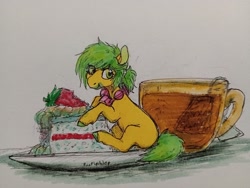Size: 2048x1542 | Tagged: safe, artist:purple-blep, derpibooru import, oc, oc:aden, earth pony, pony, cake, eating, food, herbivore, marker drawing, small, tea, tiny, tiny ponies, traditional art