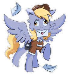 Size: 1532x1671 | Tagged: safe, artist:paamyu, derpibooru import, derpy hooves, ditzy doo, pegasus, pony, blonde, blonde hair, chest fluff, cute, female, food, heart, letter, looking at you, lovely, muffin, png, postman, postman's hat, solo, squint, wings