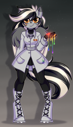 Size: 1705x2953 | Tagged: safe, artist:kannakiller, derpibooru import, oc, oc only, anthro, pegasus, fanfic:rainbow factory, badge, belt, clothes, dark background, digital art, dye, eyelashes, fanfic art, female, full body, gift art, gloves, golden eyes, jacket, lacing, liquid, looking at you, mare, paint, pegasus oc, pockets, robe, simple background, skirt, smiling, smiling at you, solo, stockings, sweater, tail, thigh highs, turtleneck, wings