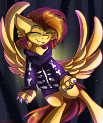 Size: 1424x1700 | Tagged: safe, artist:yuris, derpibooru import, oc, oc only, oc:yuris, pegasus, pony, werewolf, brown mane, claws, clothes, ears back, eyes closed, forest, freckles, halloween, holiday, hoodie, paws, sequins, simple background, smiling, solo, spread wings, wings, yellow skin