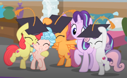 Size: 1123x688 | Tagged: safe, derpibooru import, screencap, apple bloom, cozy glow, scootaloo, starlight glimmer, sweetie belle, pony, marks for effort, bipedal, cropped, cutie mark crusaders, graduation cap, hat, smiling, solo