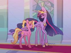 Size: 6000x4500 | Tagged: safe, artist:forcegreat, derpibooru import, luster dawn, princess twilight 2.0, twilight sparkle, twilight sparkle (alicorn), alicorn, pony, unicorn, the last problem, crown, duo, ethereal mane, ethereal tail, female, height difference, hoof shoes, horn, hug, jewelry, large wings, long horn, long legs, long mane, long tail, looking at each other, looking at someone, older, older twilight, peytral, princess shoes, raised hoof, raised leg, regalia, slim, tail, tall, thin, winghug, wings