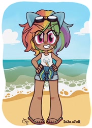 Size: 1482x2048 | Tagged: safe, artist:oc_ponys, derpibooru import, rainbow dash, human, bandaid, beach, chibi, cloud, dark skin, eye clipping through hair, eyebrows, eyebrows visible through hair, flip-flops, grin, hand on hip, humanized, kotobukiya, kotobukiya rainbow dash, looking at you, okinawan dash, sandals, smiling, smiling at you, solo, standing