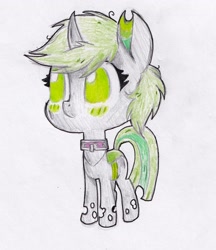 Size: 1171x1357 | Tagged: safe, artist:foxtrot3, derpibooru import, oc, oc only, oc:star strider, changeling, blushing, chibi, collar, solo, traditional art