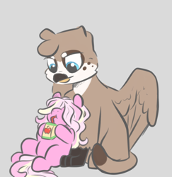 Size: 850x876 | Tagged: safe, artist:smirk, derpibooru import, oc, oc only, oc:candy floss, oc:gravel, earth pony, griffon, brother and sister, duo, female, filly, foal, griffon oc, hair over eyes, juice, juice box, male, siblings, simple background, sitting