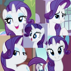 Size: 720x720 | Tagged: safe, derpibooru import, edit, screencap, rarity, unicorn, canterlot boutique, filli vanilli, sisterhooves social, spike at your service, the gift of the maud pie, collage, cute, raribetes