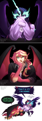 Size: 1400x3959 | Tagged: safe, artist:lzjian79, artist:moonsunisrealmm, derpibooru import, midnight sparkle, sci-twi, sunset satan, sunset shimmer, twilight sparkle, collaboration, equestria girls, angry, begging, black sclera, blushing, claws, cross-popping veins, dialogue, duo, emanata, female, forked tongue, lesbian, scitwishimmer, shipping, sunsetsparkle, teasing, tongue, tongue out, truth or dare, wings