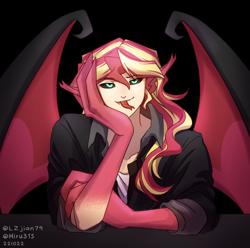 Size: 1400x1386 | Tagged: safe, artist:lzjian79, artist:moonsunisrealmm, derpibooru import, part of a set, sunset satan, sunset shimmer, equestria girls, black sclera, cropped, forked tongue, humanoid, tongue, tongue out