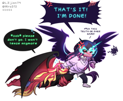 Size: 1399x1146 | Tagged: safe, artist:lzjian79, artist:moonsunisrealmm, derpibooru import, part of a set, midnight sparkle, sci-twi, sunset satan, sunset shimmer, twilight sparkle, equestria girls, blushing, cross-popping veins, dialogue, duo, emanata, female, simple background, truth or dare, white background