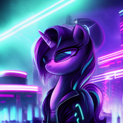 Size: 1024x1024 | Tagged: safe, derpibooru import, editor:siber, generator:purplesmart.ai, generator:stable diffusion, machine learning generated, starlight glimmer, pony, unicorn, cyberpunk, female, mare, neon, solo, sunglasses