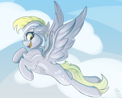 Size: 2500x2000 | Tagged: safe, artist:starcasteclipse, derpibooru import, derpy hooves, pegasus, pony, chest fluff, cloud, ear fluff, ears, female, flying, helmet, mare, open mouth, open smile, smiling, solo