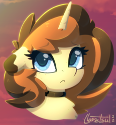 Size: 1272x1374 | Tagged: safe, artist:llametsul, derpibooru import, oc, oc:creme cookie, pony, unicorn, bust, concerned, lineless, looking at you, signature, solo