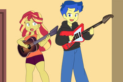 Size: 1280x854 | Tagged: safe, artist:studiodraw, derpibooru import, flash sentry, sunset shimmer, equestria girls, female, flashimmer, guitar, male, musical instrument, shipping, straight