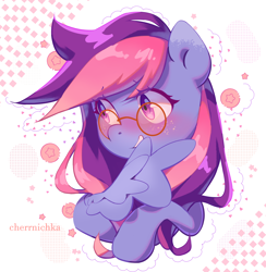 Size: 2924x3000 | Tagged: safe, artist:cherrnichka, derpibooru import, oc, oc only, oc:midnight bloom, pegasus, abstract background, blushing, bust, female, glasses, mare, pegasus oc, portrait, smiling, solo