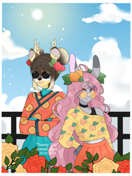 Size: 1500x2000 | Tagged: safe, artist:mari_deer, derpibooru import, oc, oc only, anthro, deer, reindeer, crossed arms, deer oc, duo, hand on hip, non-pony oc, reindeer oc, sunglasses