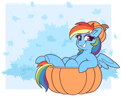 Size: 2550x2050 | Tagged: safe, artist:graphene, derpibooru import, rainbow dash, pegasus, pony, cute, female, leaves, looking at you, mare, pumpkin, smiling, smiling at you, solo, underhoof