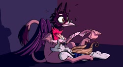 Size: 679x373 | Tagged: safe, artist:moped_cirrus, derpibooru import, oc, oc only, changedling, changeling, griffon, blushing, changedling oc, changeling oc, feather, glasses, griffon oc, lying down, lying on top of someone, meta, paper, prone, quill, red and black oc, shadow, sitting, twitter