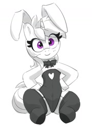 Size: 1522x2110 | Tagged: safe, artist:pabbley, derpibooru import, amethyst star, sparkler, pony, unicorn, black and white, bunny ears, bunny suit, clothes, eye clipping through hair, female, grayscale, looking at you, mare, monochrome, partial color, simple background, smiling, smiling at you, solo, stockings, thigh highs, white background