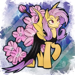 Size: 1620x1620 | Tagged: safe, artist:redi, derpibooru import, fluttershy, bat pony, pony, g4, bat ponified, cape, clothes, fangs, female, flower, flutterbat, mare, race swap, raised hoof, raised leg, solo, spread wings, standing, wings