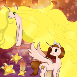 Size: 3000x3000 | Tagged: safe, artist:felikusstekill, derpibooru import, oc, oc only, alicorn, pony, unicorn, blonde, blonde hair, blonde mane, cutie mark, flower, green eyes, impossibly long hair, long hair, rapunzel, short hair, tangled (disney)