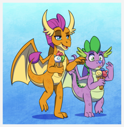 Size: 1181x1209 | Tagged: safe, artist:inuhoshi-to-darkpen, derpibooru import, smolder, spike, dragon, g4, dragon wings, dragoness, female, food, gemstones, ice cream, ice cream cone, lidded eyes, male, open mouth, spread wings, teasing, tongue, tongue out, wide eyes, wings