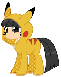 Size: 1601x2016 | Tagged: safe, artist:kellysweet1, derpibooru exclusive, derpibooru import, oc, oc only, oc:hanako, earth pony, pikachu, pony, belt, clothes, cosplay, costume, crossover, female, hoodie, mare, older, pokémon, simple background, solo, transparent background