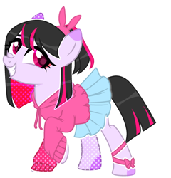 Size: 2079x2168 | Tagged: safe, artist:kellysweet1, derpibooru exclusive, derpibooru import, oc, oc only, oc:hera-chan, earth pony, pony, bow, clothes, female, grin, hair bow, hoodie, mare, raised hoof, raised leg, simple background, skirt, smiling, solo, transparent background