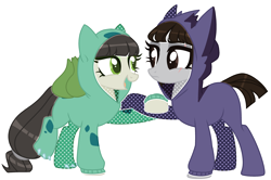 Size: 3432x2284 | Tagged: safe, artist:kellysweet1, derpibooru exclusive, derpibooru import, oc, oc only, oc:ohasu, oc:sawa (ice1517), earth pony, pony, bulbasaur, clothes, cosplay, costume, crossover, eye scar, eyeshadow, facial scar, female, gengar, holding hooves, hoodie, lesbian, makeup, mare, oc x oc, ohasusawa, onesie, open mouth, pokémon, raised hoof, raised leg, scar, shipping, simple background, transparent background