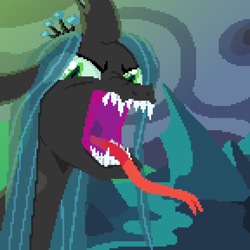 Size: 720x720 | Tagged: safe, artist:loose noose, derpibooru import, queen chrysalis, changeling, changeling queen, angry, black body, blue hair, cave, crown, fangs, female, forked tongue, green eyes, hissing, jewelry, long tongue, looking at you, open mouth, pixel art, regalia, rock, sharp teeth, slit eyes, solo, teeth, tongue, tongue out, uvula