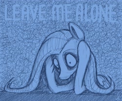 Size: 4096x3384 | Tagged: safe, artist:docwario, derpibooru import, fluttershy, pegasus, pony, anxiety, bags under eyes, bluescale, creepy, female, fluttober, holding head, mare, monochrome, solo, text