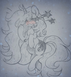 Size: 960x1045 | Tagged: safe, artist:starkey, derpibooru import, starlight glimmer, oc, unicorn, barrette, crescent moon, embarrassed grin, full body, long mane, long tail, moon, smiling, solo, stars, tail, traditional art