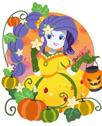 Size: 766x949 | Tagged: safe, artist:efuji_d, derpibooru import, rarity, human, equestria girls, autumn, clothes, cornucopia, cornucopia costumes, dress, evening gloves, female, gloves, grin, inflatable dress, lantern, long gloves, paper lantern, pumpkin, simple background, smiling, solo, white background