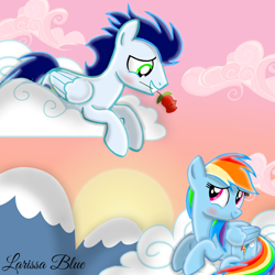 Size: 900x900 | Tagged: safe, artist:mlplary6, derpibooru import, rainbow dash, soarin', pegasus, pony, blushing, cloud, female, flower, looking at each other, looking at someone, male, mare, mountain, rose, shipping, smiling, smiling at each other, soarindash, stallion, straight, sunset