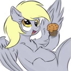 Size: 1280x1280 | Tagged: safe, artist:kusturbrick, derpibooru import, derpy hooves, pegasus, pony, chest fluff, cute, derpabetes, ear fluff, ears, female, flying, food, mare, muffin, open mouth, simple background, smiling, solo, spread wings, that pony sure does love muffins, white background, wings