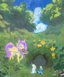 Size: 1573x1869 | Tagged: safe, artist:lykzoi, derpibooru import, angel bunny, fluttershy, pegasus, pony, rabbit, g4, animal, basket, cute, doll, female, flower, mare, mouth hold, outdoors, scenery, shyabetes, toy