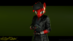 Size: 3840x2160 | Tagged: safe, artist:fireemerald123, derpibooru import, oc, oc only, oc:page feather, anthro, 3d, clothes, gun, handgun, jacket, leather, leather jacket, revolver, simple background, solo, source filmmaker, voidpunk, watermark, weapon