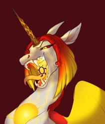 Size: 589x697 | Tagged: safe, artist:witherslayer73, derpibooru import, oc, oc only, oc:ayzat, alicorn, pony, alicorn oc, bust, cracked, female, glowing, glowing horn, horn, long tongue, red background, sharp teeth, simple background, solo, teeth, tongue, tongue out, wings