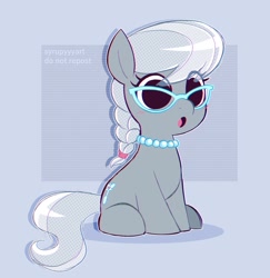 Size: 2042x2097 | Tagged: safe, artist:syrupyyy, derpibooru import, silver spoon, earth pony, pony, g4, :o, abstract background, blushing, braid, cute, eye clipping through hair, female, filly, foal, glasses, hair tie, jewelry, necklace, no catchlights, open mouth, pearl necklace, ponytober, silverbetes, sitting, solo