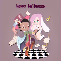 Size: 2048x2048 | Tagged: safe, artist:cryweas, derpibooru import, discord, fluttershy, human, animal costume, book, bunny ears, bunny suit, card, clothes, costume, discoshy, female, male, shipping, straight, suit