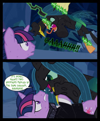 Size: 814x982 | Tagged: safe, artist:bigsnusnu, derpibooru import, dusk shine, queen chrysalis, twilight sparkle, changeling, changeling queen, unicorn, comic:dusk shine in pursuit of happiness, bruised, cave, cavern, clothes, dagger, dialogue, female, gloating, leaping, pinned, pinned down, rock, rule 63, struggling, surprised, tuxedo, weapon, yelling