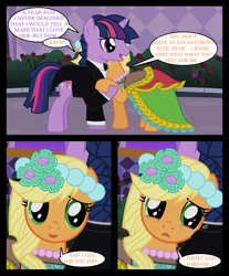 Size: 1280x1545 | Tagged: safe, artist:bigsnusnu, derpibooru import, applejack, dusk shine, twilight sparkle, earth pony, unicorn, comic:dusk shine in pursuit of happiness, bush, clothes, column, crying, dancing, dress, duskjack, female, flower, flower in hair, gala dress, half r63 shipping, happy, holding hooves, jewelry, male, necklace, pearl necklace, rose, rule 63, sad, shipping, straight, teary eyes, tuxedo, twijack, wall