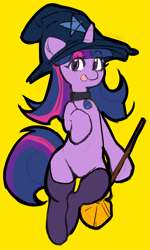 Size: 2400x4000 | Tagged: safe, artist:nova19, derpibooru import, twilight sparkle, unicorn, broom, clothes, halloween, hat, holiday, mlp fim's twelfth anniversary, simple background, sketch, socks, solo, stockings, thigh highs, tongue, tongue out, witch hat, yellow background