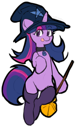 Size: 2400x4000 | Tagged: safe, alternate version, artist:nova19, derpibooru import, twilight sparkle, unicorn, broom, clothes, halloween, hat, holiday, mlp fim's twelfth anniversary, simple background, sketch, socks, solo, stockings, thigh highs, tongue, tongue out, white background, witch hat